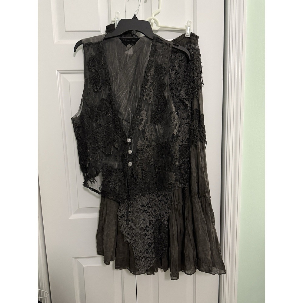 Pat Dahnke Texas Skirt And Vest Size M Boho Floral Crochet Western Cowgirl Gray